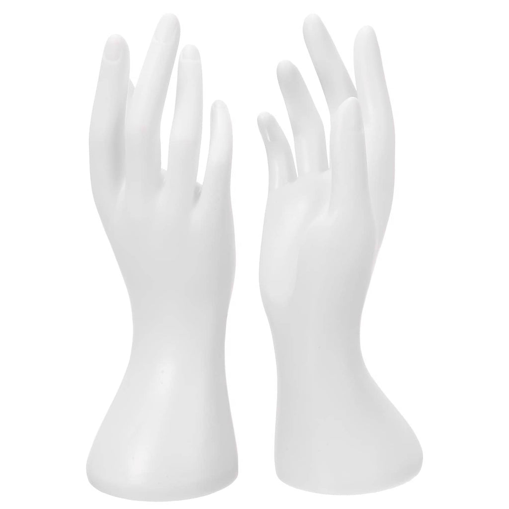 White plastic hand ring holder display stand, two hands with ring slots