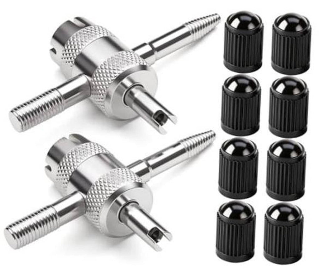 Tire valve core tool kit with two tools and eight black valve stem caps