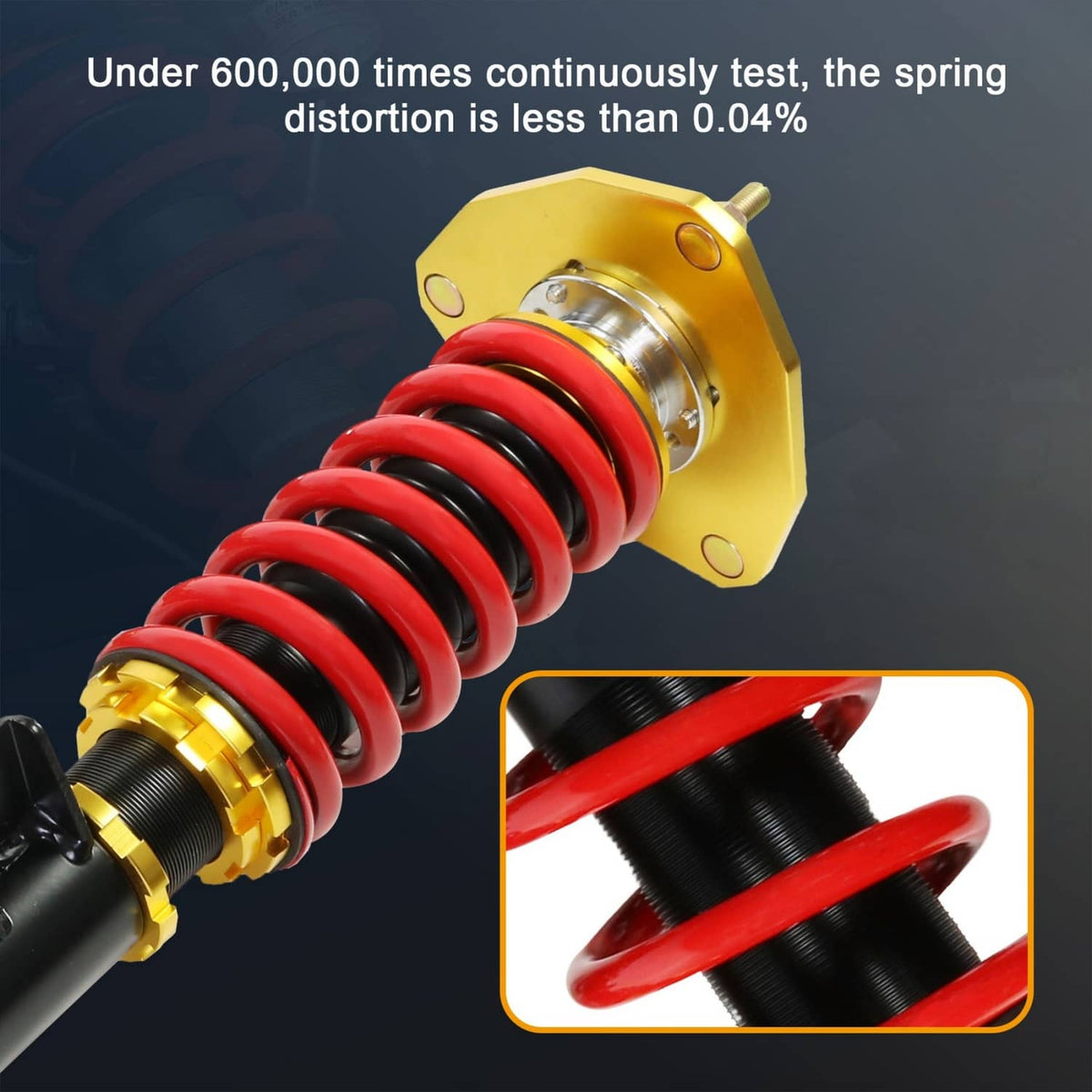 Coilover spring assembly with red coils and gold top perch on a black shock