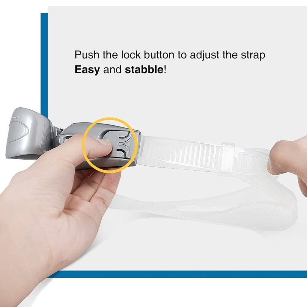 Adjustable swim snorkel strap with push-lock head bracket and white tube
