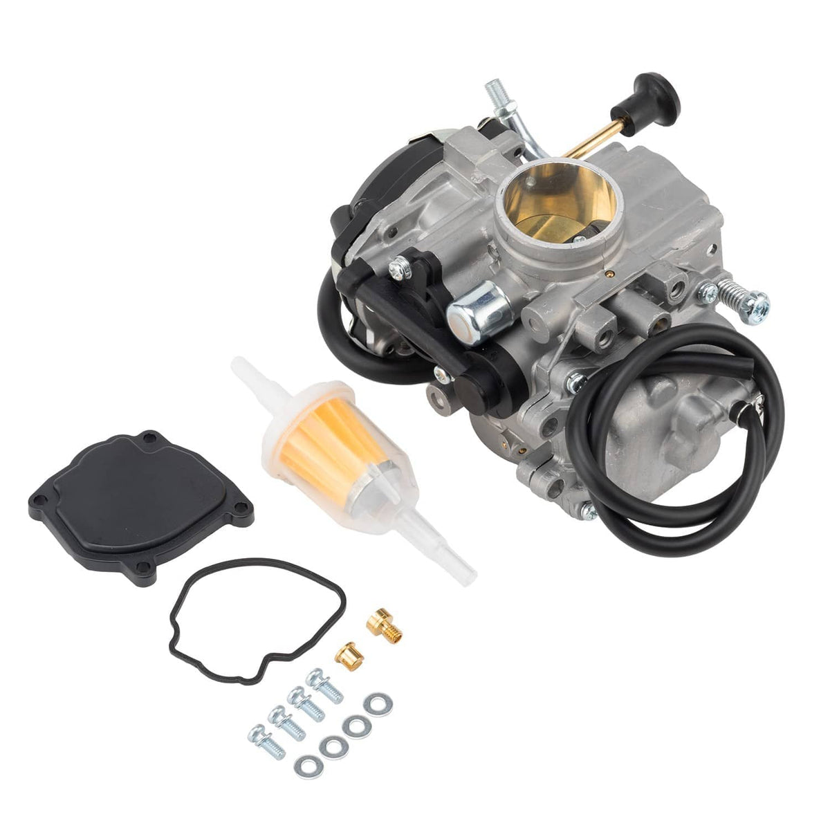 Carburetor side view kit with black cover, fuel filter, gaskets, and fittings