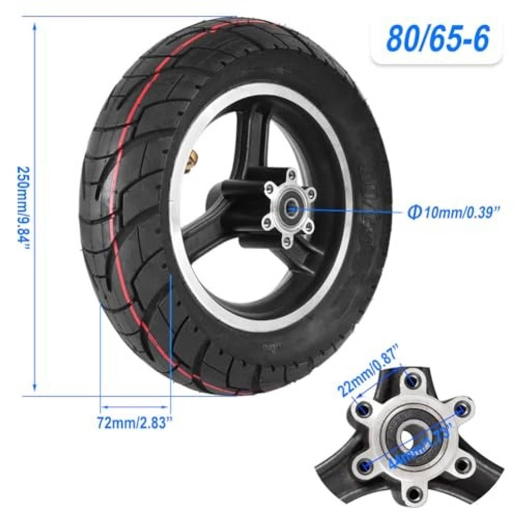 10-inch scooter tire with hub for 80/65-6, black rubber with red tread lines