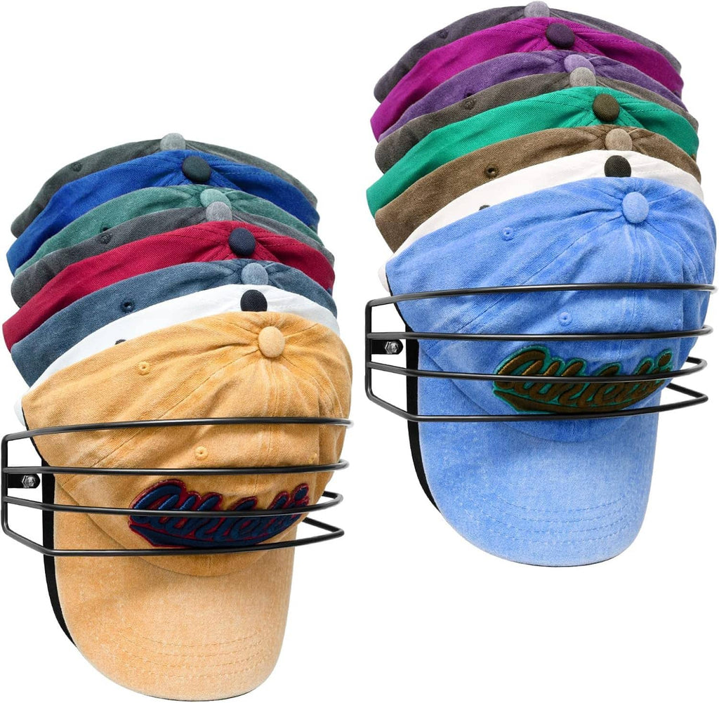 2-pack baseball cap hat rack holding multi-color caps on black metal rails