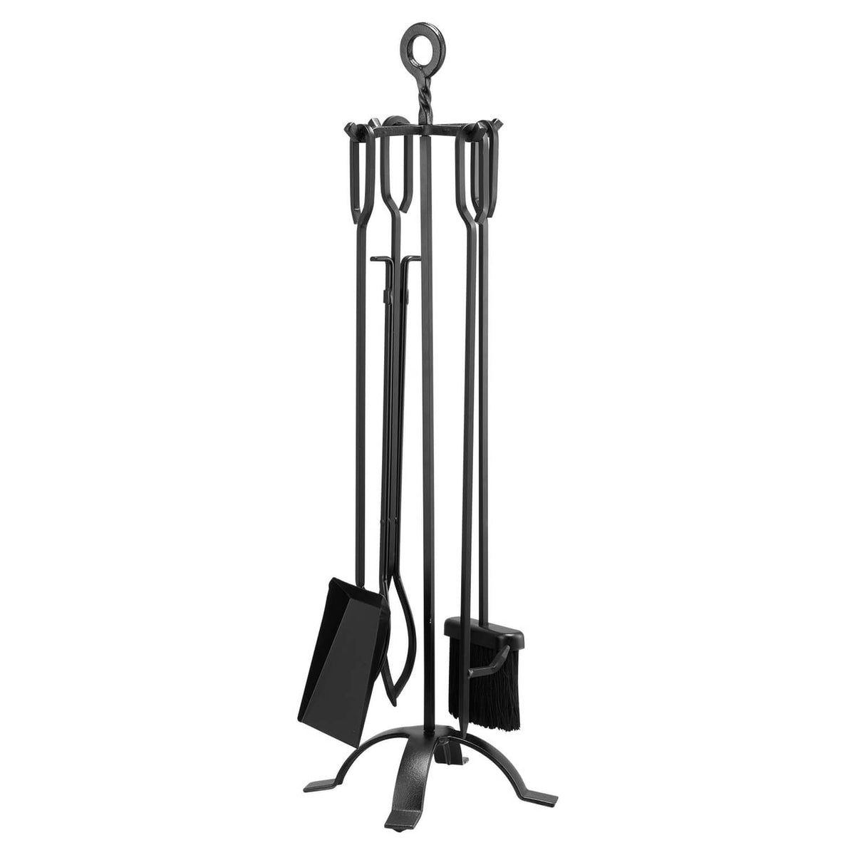 Black 5-piece fireplace tool set on ring-top stand: tongs, shovel, brush, poker