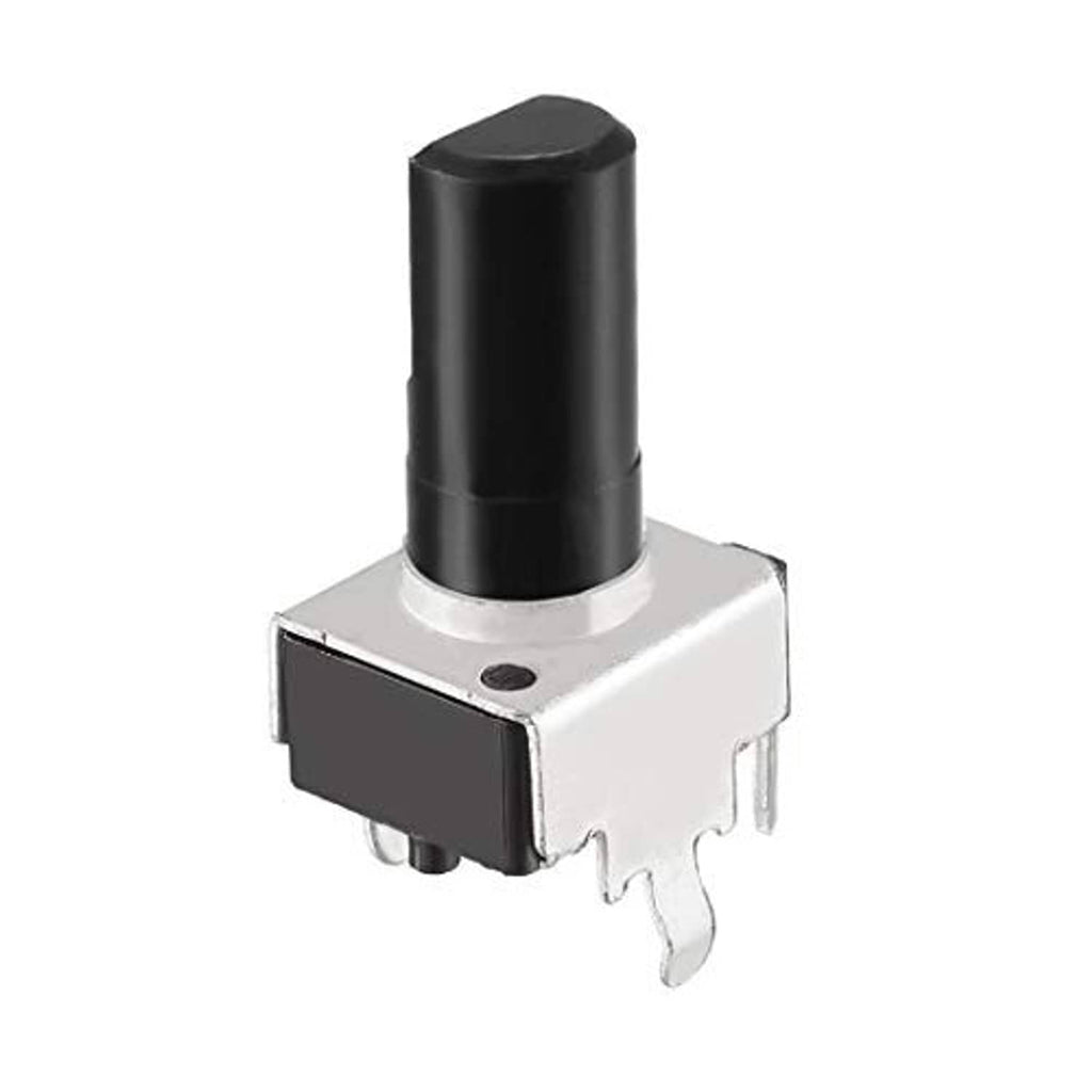 Panel-mount rotary potentiometer with black knob and silver metal case, 3 pins