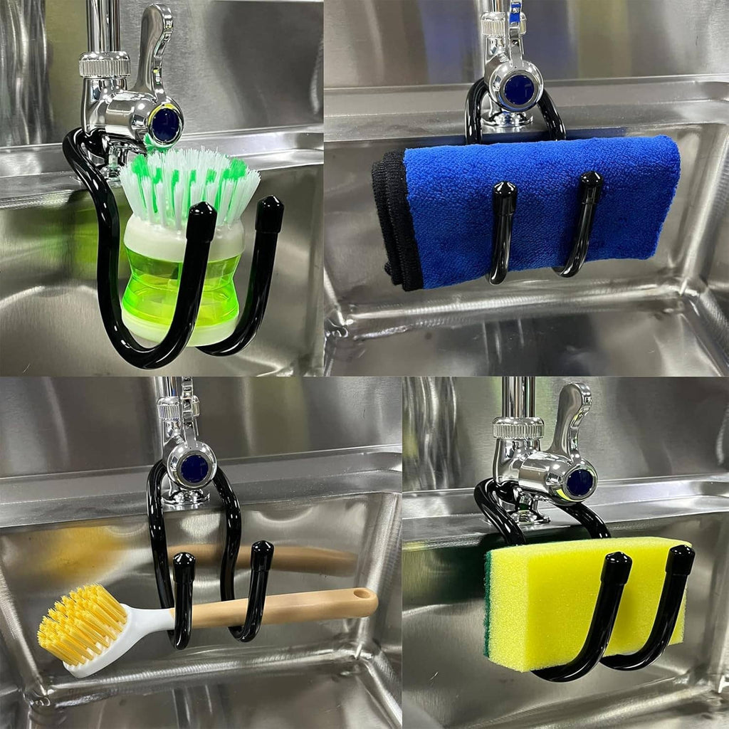 Set of hanging sink sponge and brush holders with blue and yellow cleaning tools