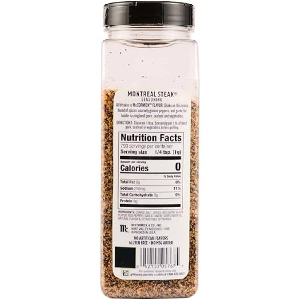McCormick Grill Mates Montreal Steak seasoning bottle with Nutrition Facts label