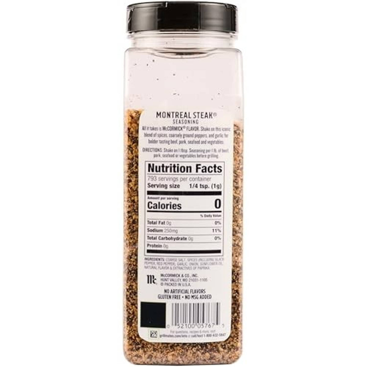 McCormick Grill Mates Montreal Steak seasoning bottle with Nutrition Facts label