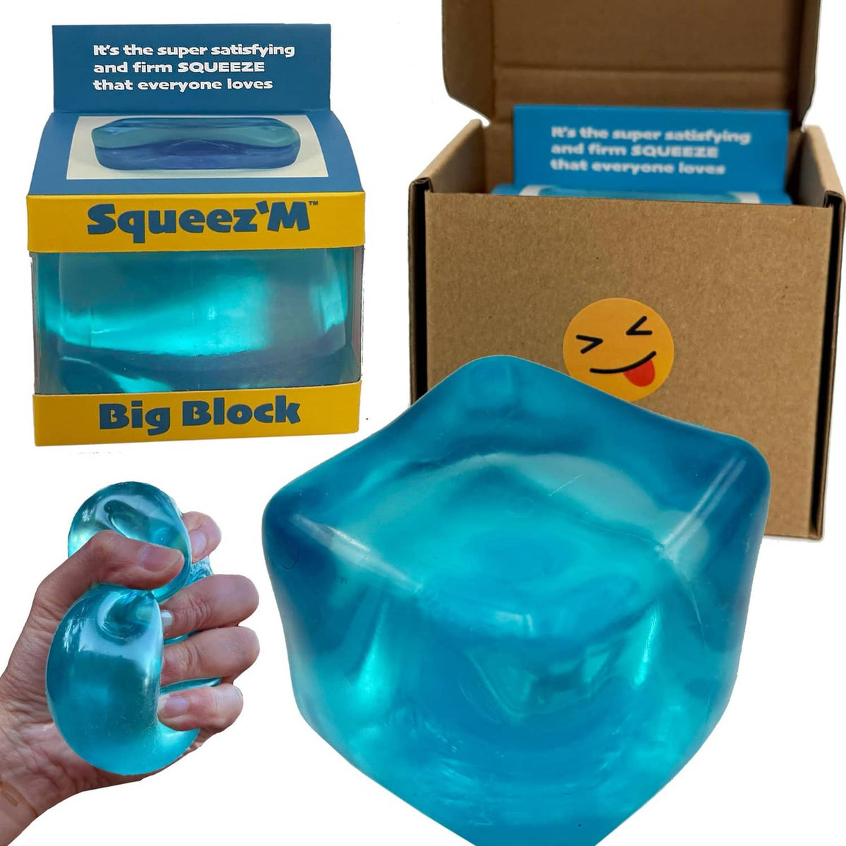 Blue stress cube fidget in a hand, glossy teal-blue surface.