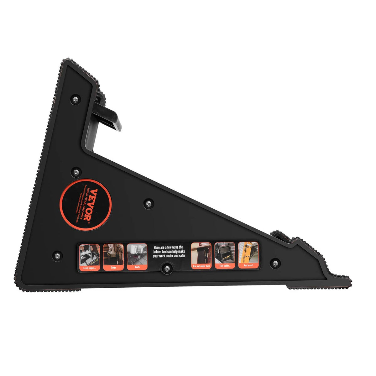 Black ladder leveler with serrated base and red instruction decals for leveling