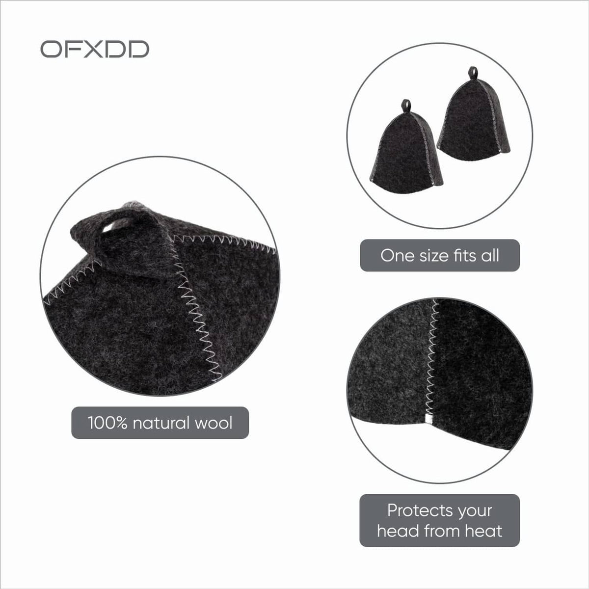 Dark grey wool sauna hat, one-piece cone with stitched seam and pointed crown