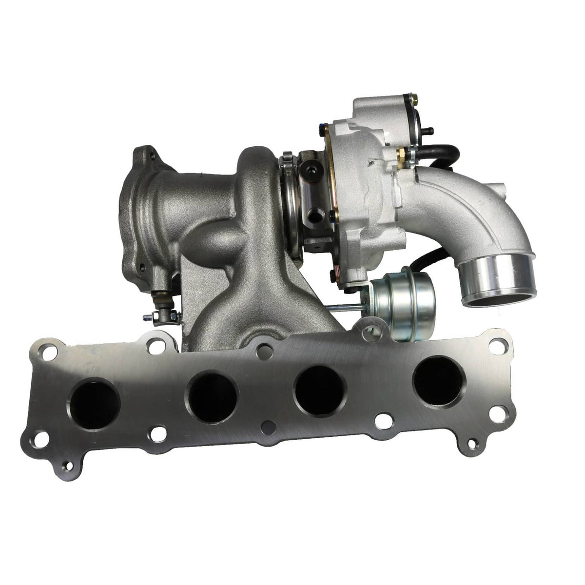 Turbocharger assembly with black exhaust elbow, turbine housing, and mounting bracket plate.