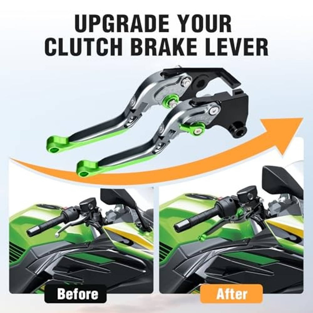 Motorcycle clutch and brake lever set with green levers on handlebar, foldable design