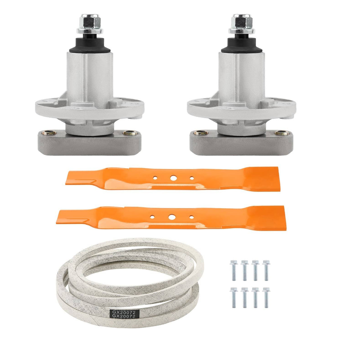 Deck spindle blade belt kit set: two spindles, orange blades, belt, and mounting screws