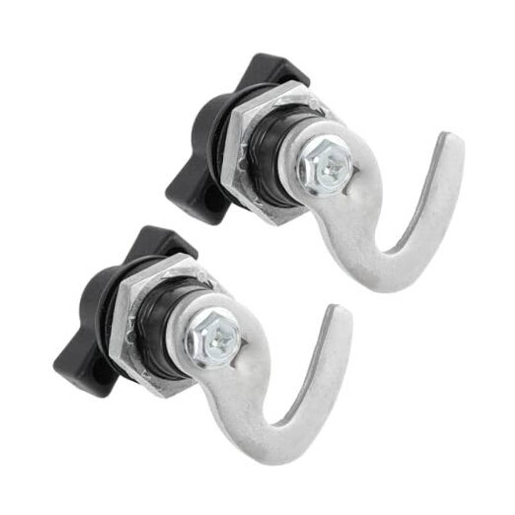 Front storage rack latch set with two silver U-hooks and black mounting brackets