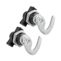 Front storage rack latch set with two silver U-hooks and black mounting brackets