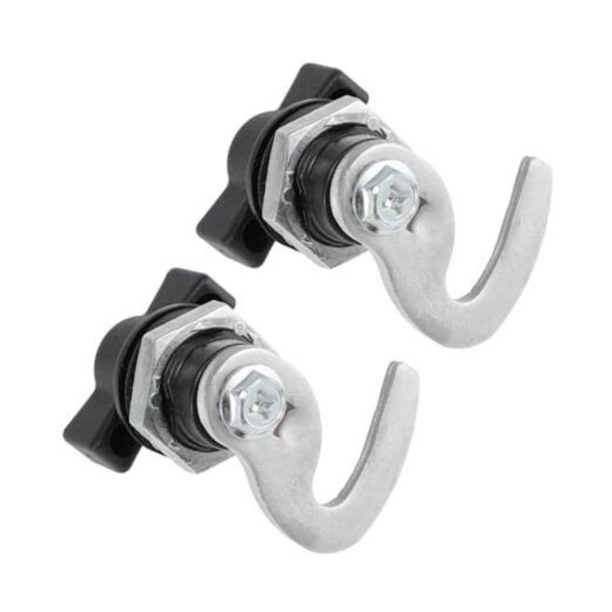 Front storage rack latch set with two silver U-hooks and black mounting brackets