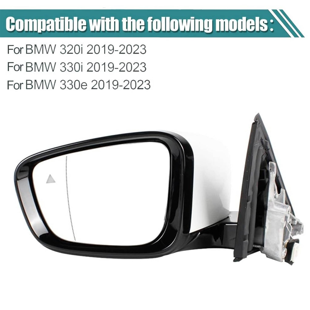 Left driver side mirror assembly, white cover with black bezel and folded hinge base