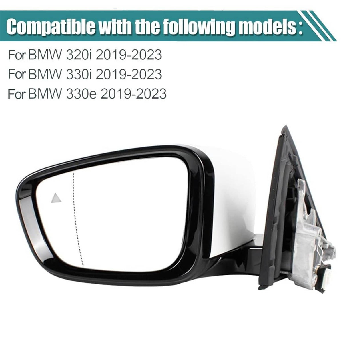 Left driver side mirror assembly, white cover with black bezel and folded hinge base