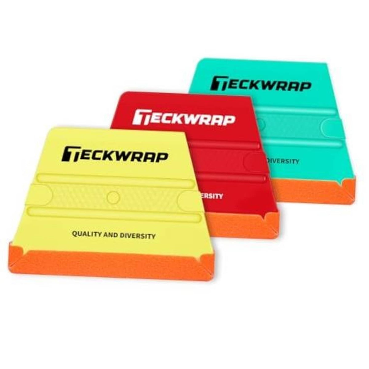 Trapezoid felt wrap squeegee set: teal, red, and yellow panels with orange edges.