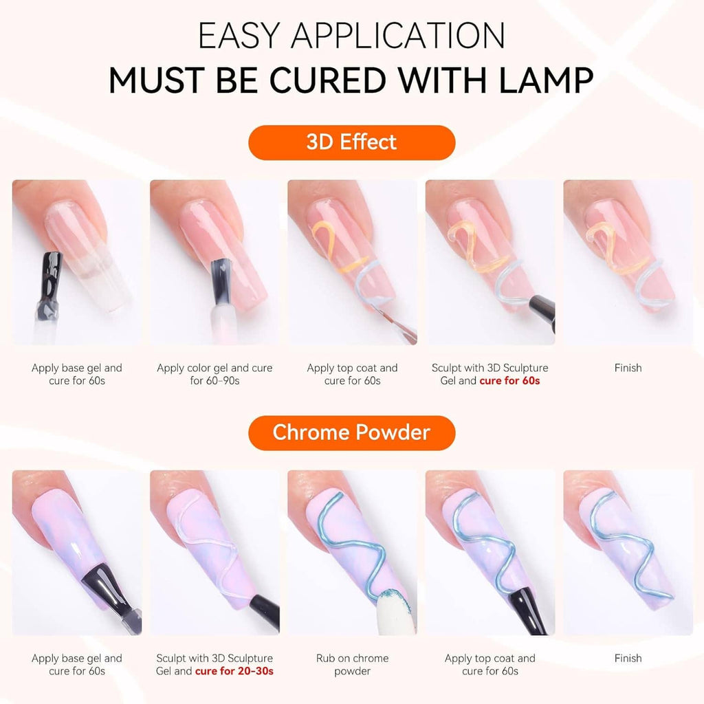 3D sculpting gel curing steps layout with pink 3D nail design examples