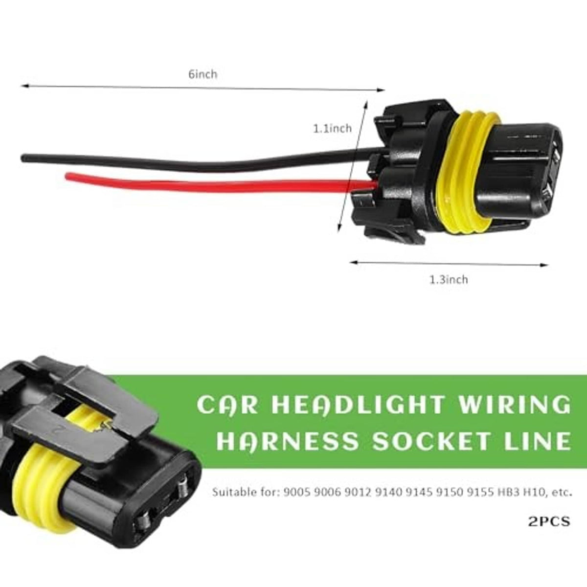 Headlight wiring harness female adapter plug with red and black leads, shown with size