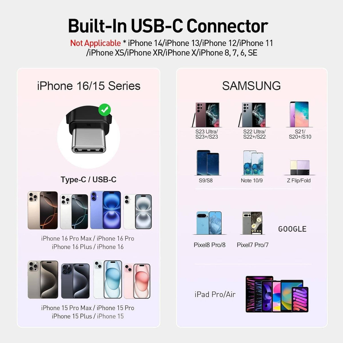 Black USB-C portable charger showing built-in USB-C connector design