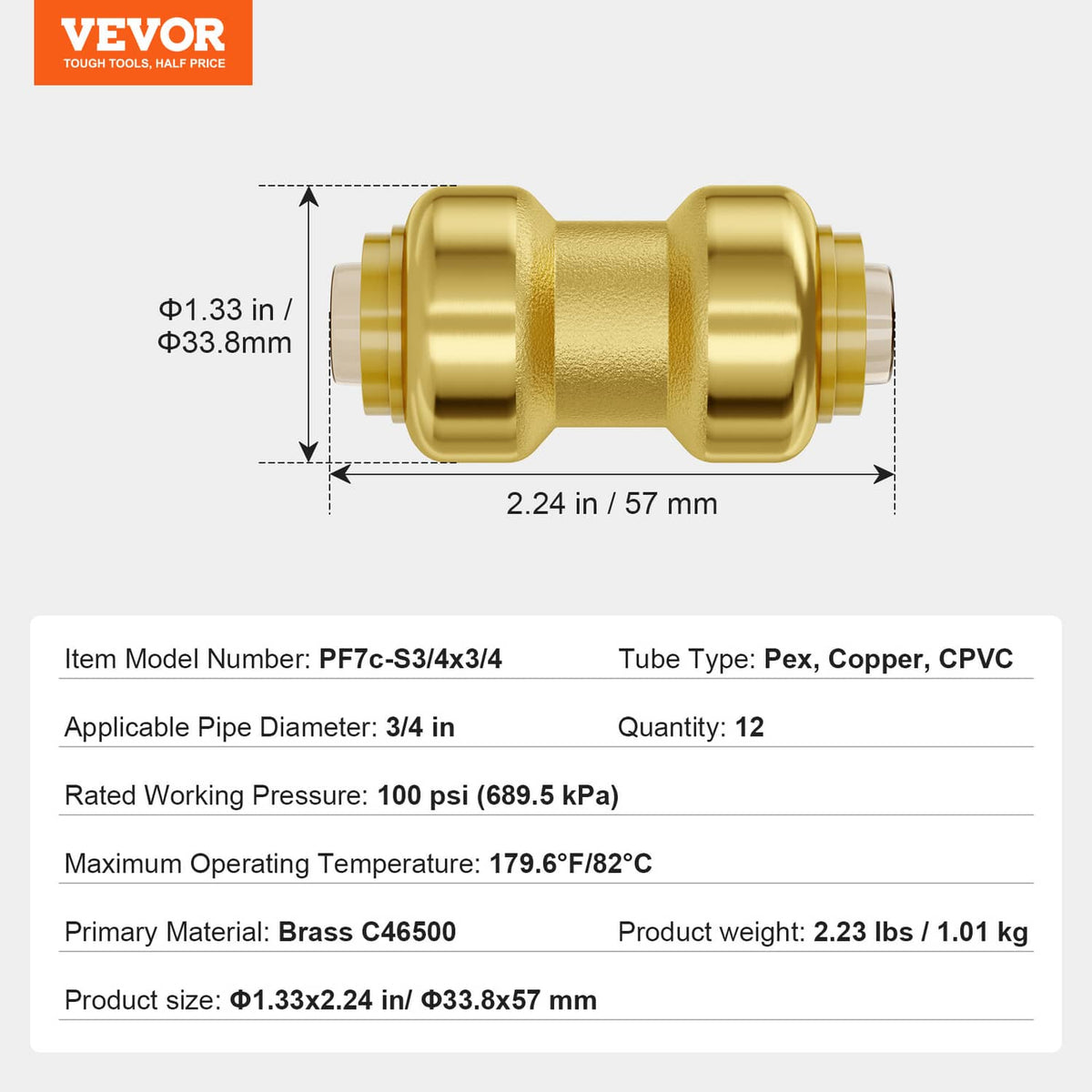 Brass straight-through push-fit pipe fitting with size diagram on connector body