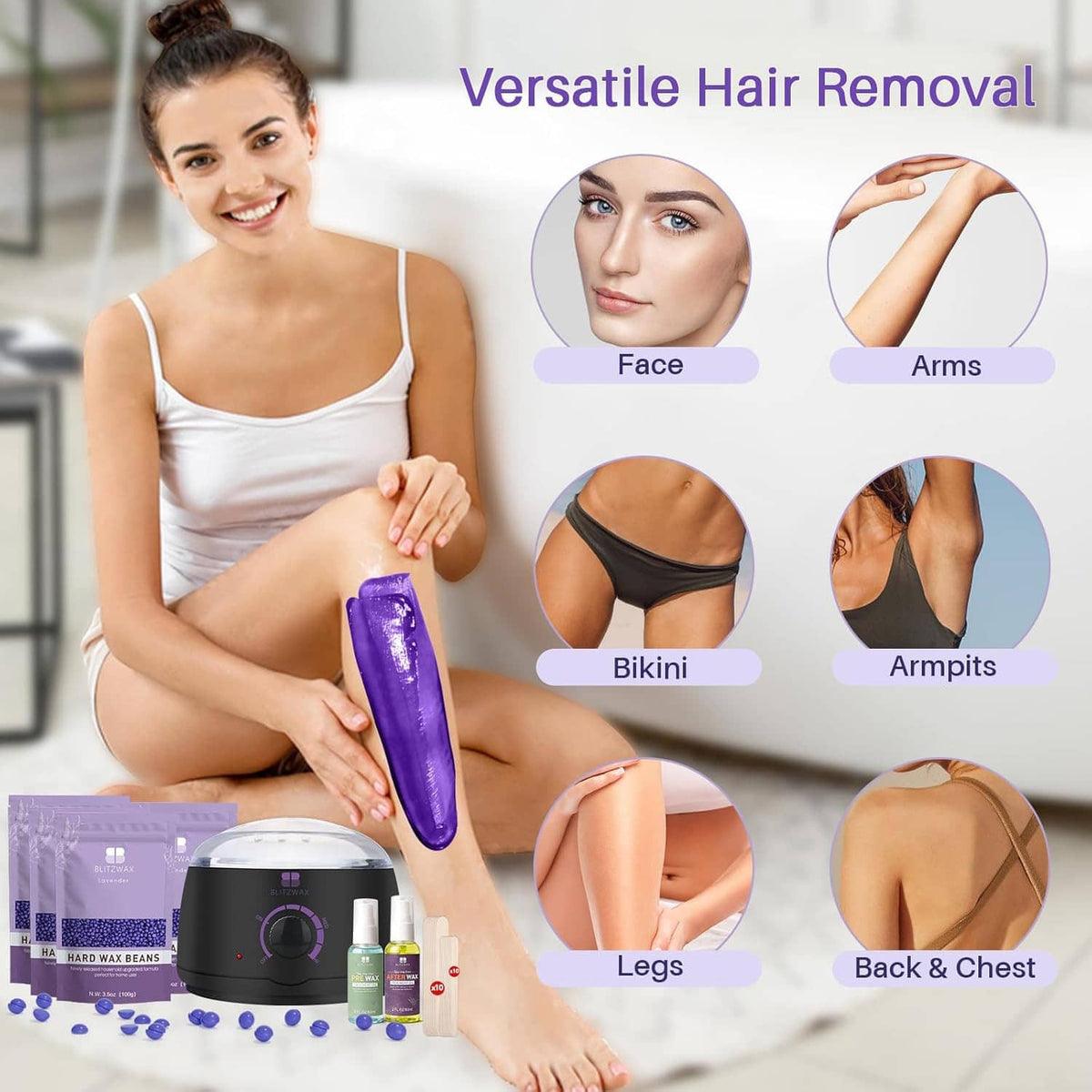 Purple hard wax applicator and compact wax warmer for face, bikini, legs, and underarms