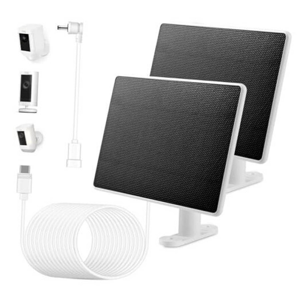 Two black solar panels with white stands and coiled extension cable