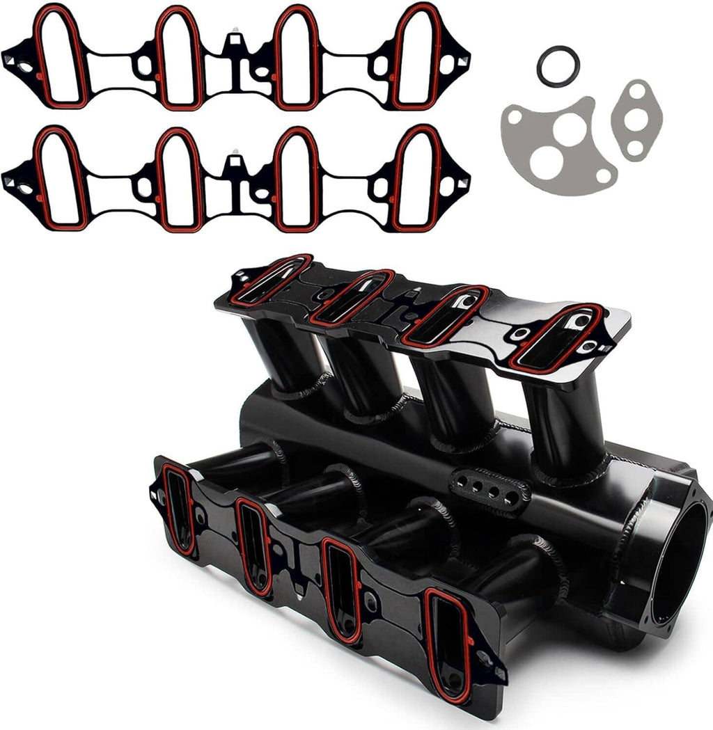 Intake manifold gasket set with red-edged gaskets plus black intake manifold parts