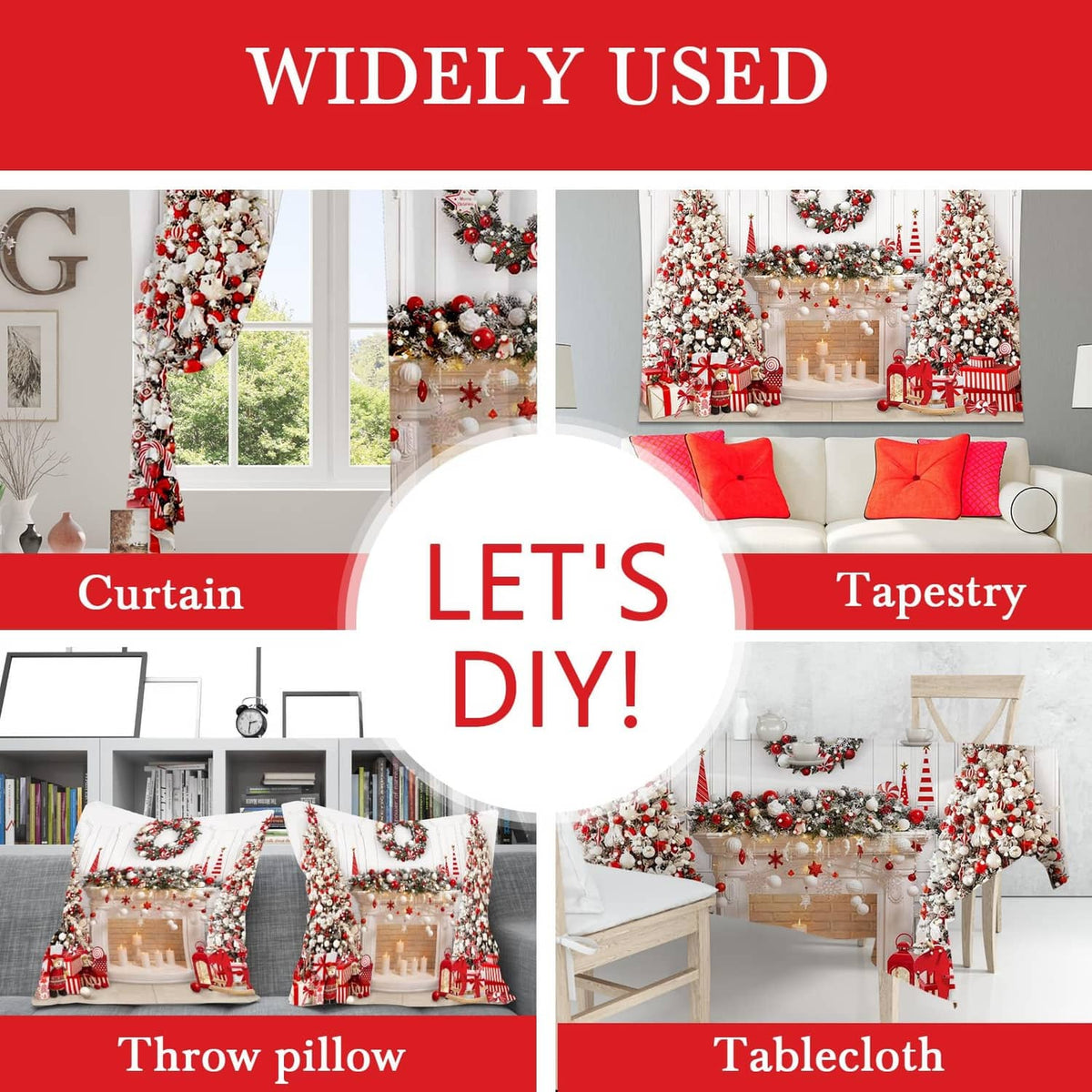 Christmas backdrop promotional layout showing reusable home decor categories and options