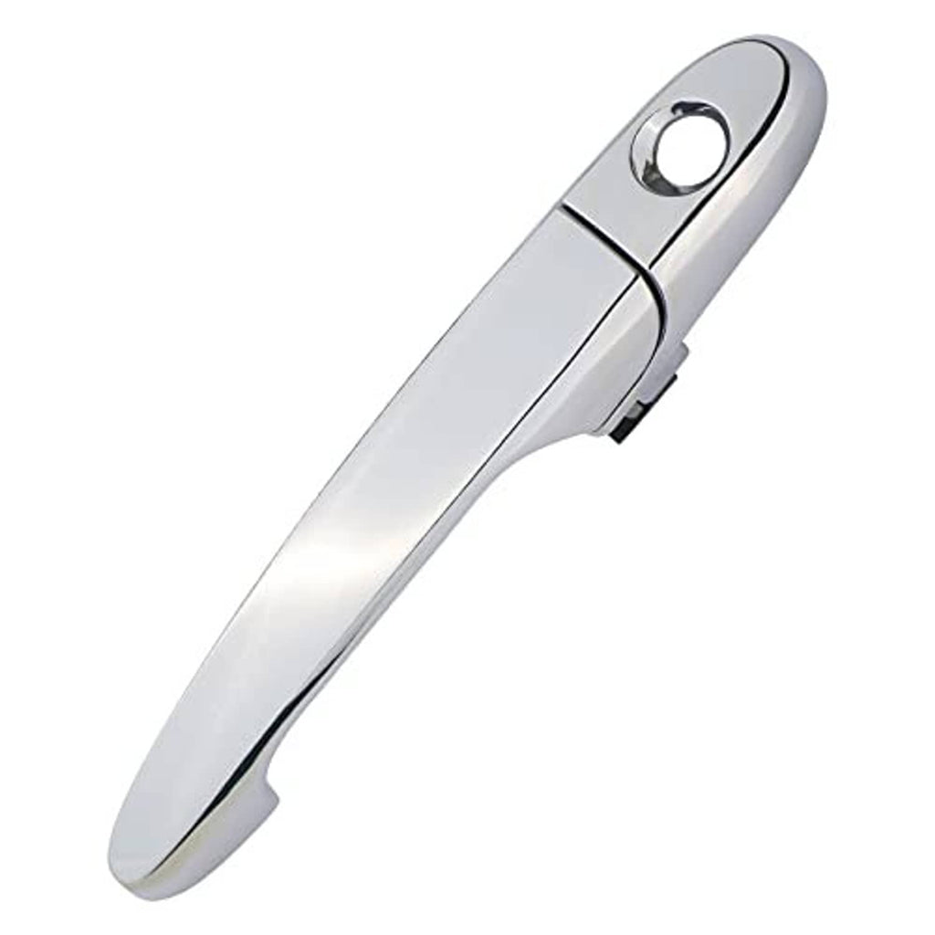 Chrome exterior door handle with circular key cylinder opening and contoured grip