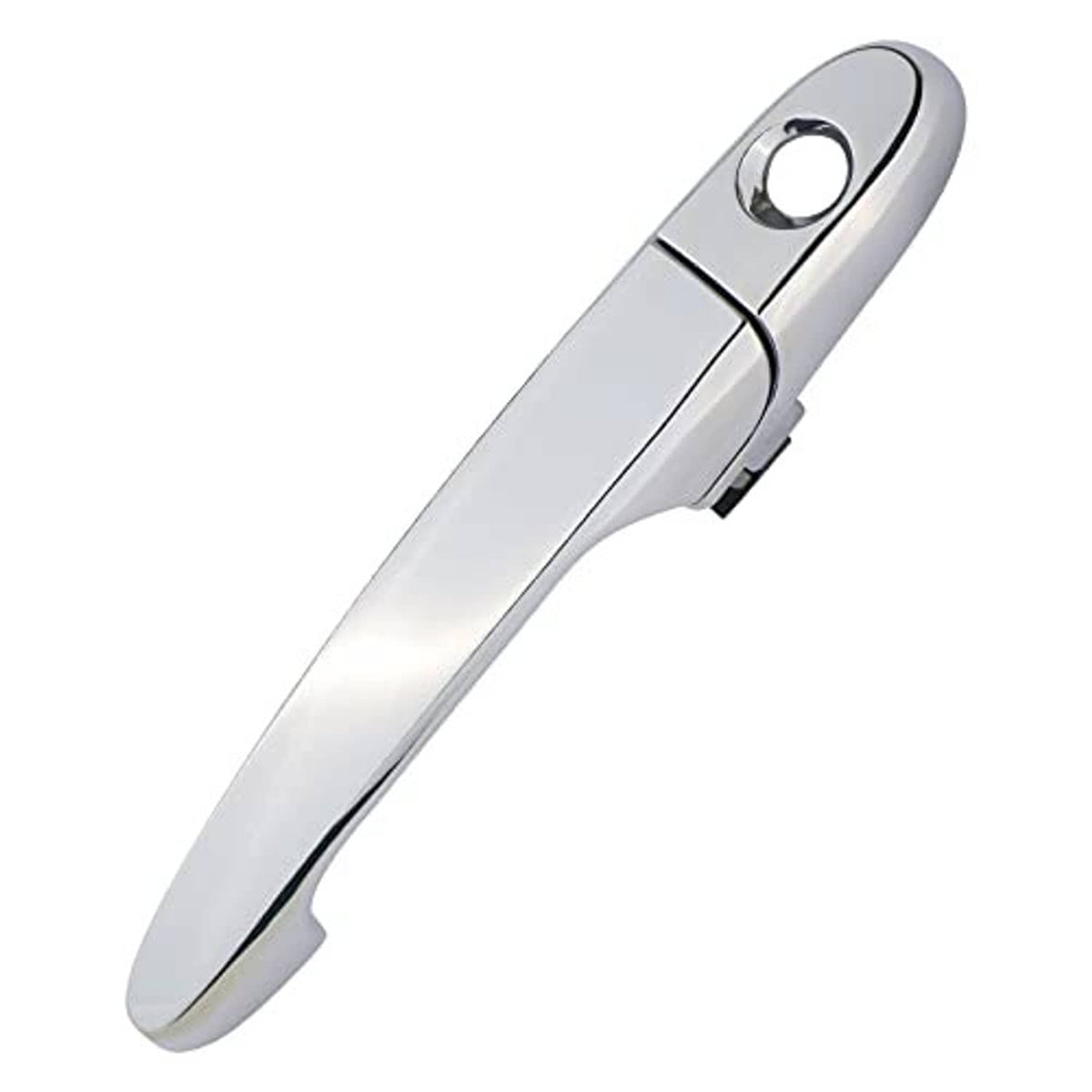 Chrome exterior door handle with circular key cylinder opening and contoured grip