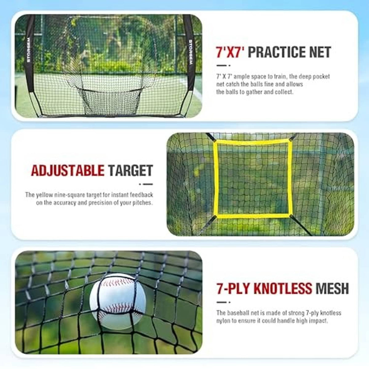 7x7 practice net with adjustable yellow target square on black mesh, shown outdoors