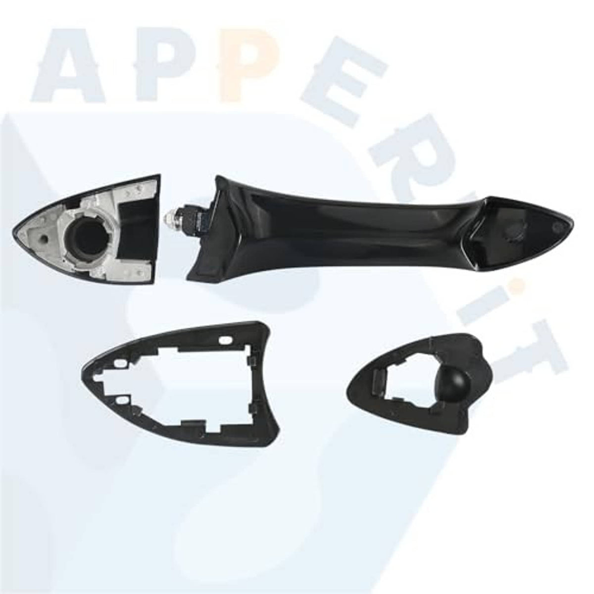 Textured black passenger-side door handle with inner trim plate and mounting covers