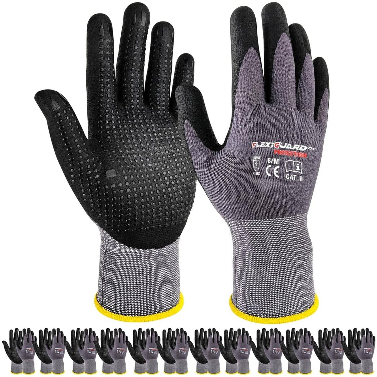 Pair of gray knit work gloves with black dot-grip nitrile palms and bright yellow cuff edge