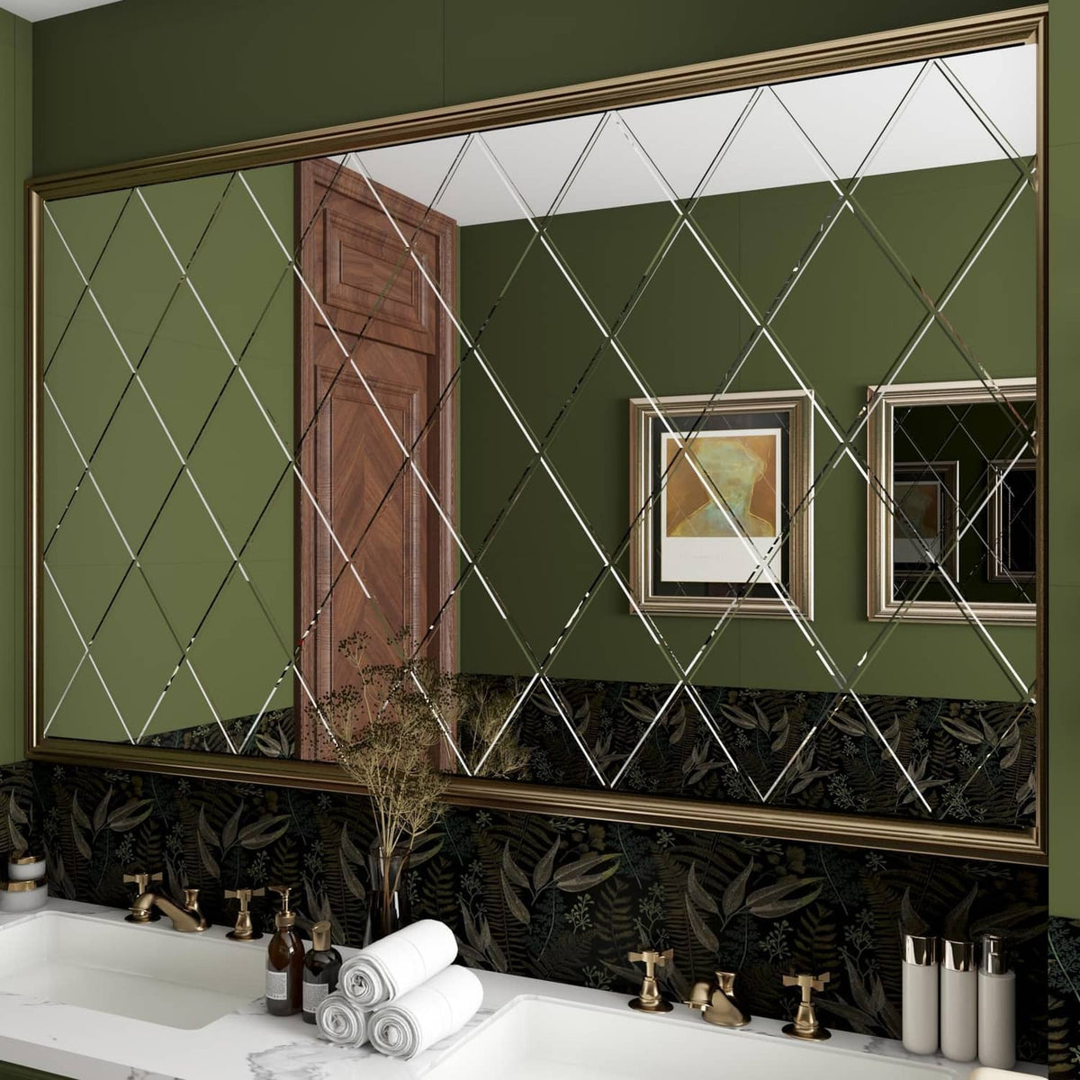 Silver reflective mirror wall sticker panel with geometric diamond pattern on wall