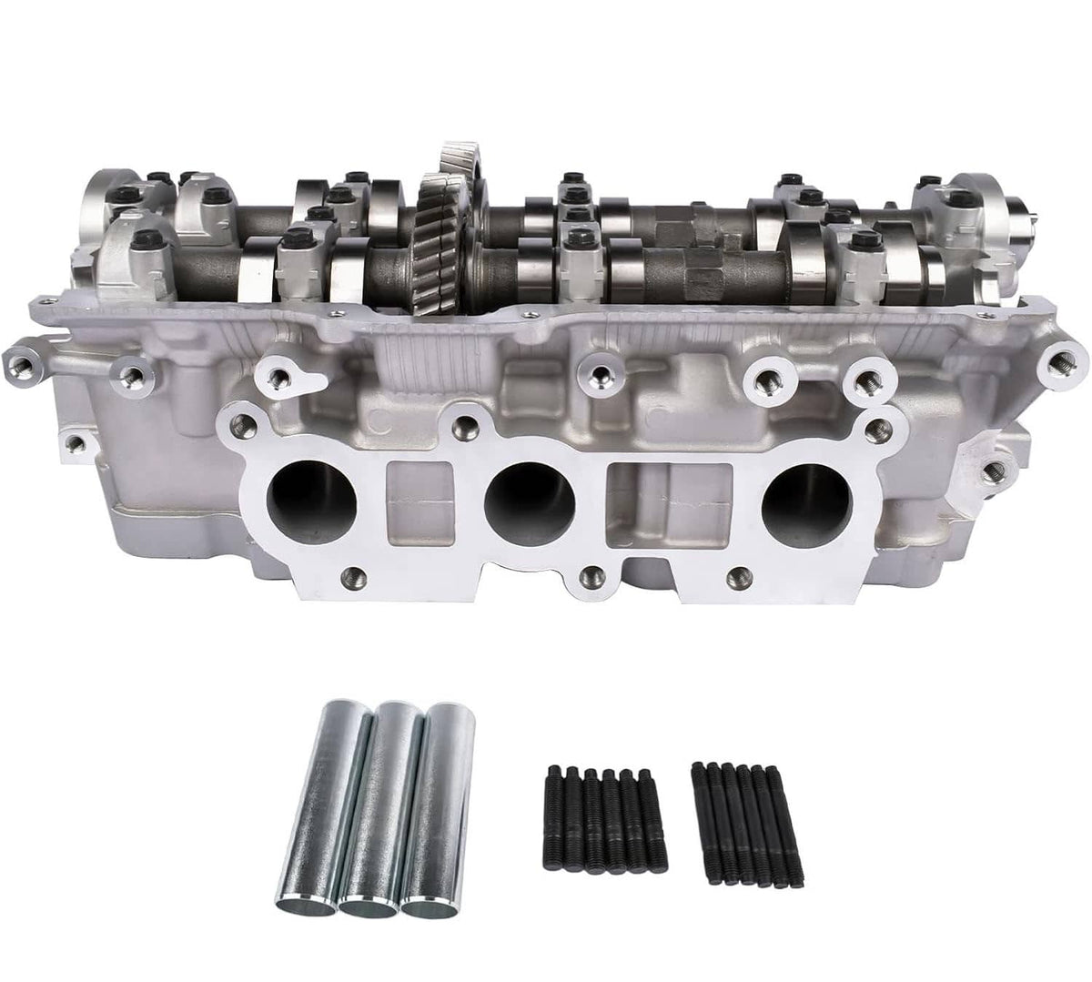 Right cylinder head with exposed cam gears and oil passages, metal housing