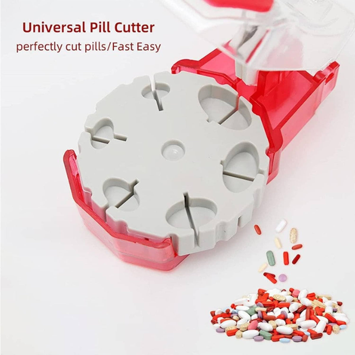 Universal red pill cutter open with circular tablet-splitting insert