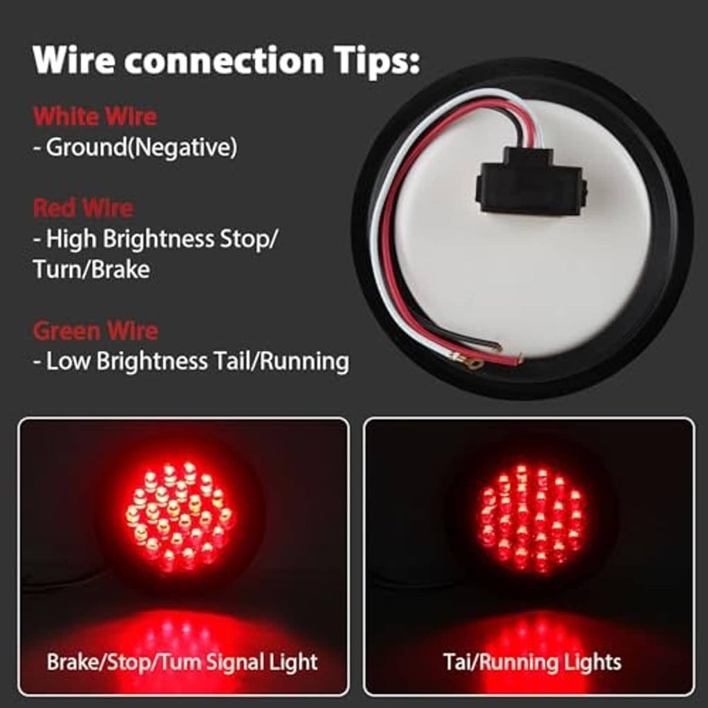 4-inch round red LED trailer tail light wiring with white, red, and green leads