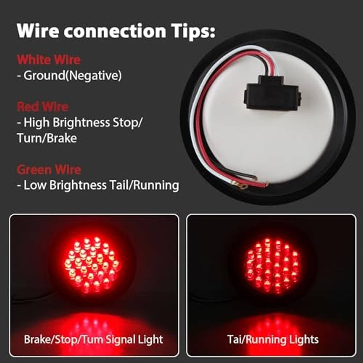 4-inch round red LED trailer tail light wiring with white, red, and green leads