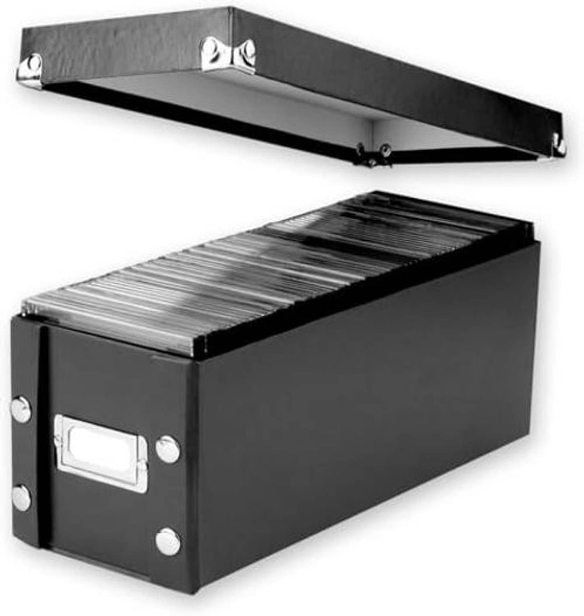 Black CD storage case with open lid, showing stacked disc sleeves inside