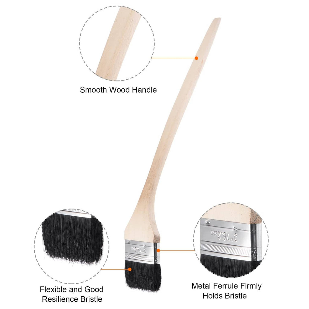 Bent radiator paint brush with smooth wood handle and black bristles in metal ferrule