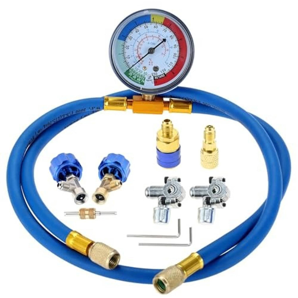 Refrigerant charging hose kit with blue hose, pressure gauge, and assorted valve adapters