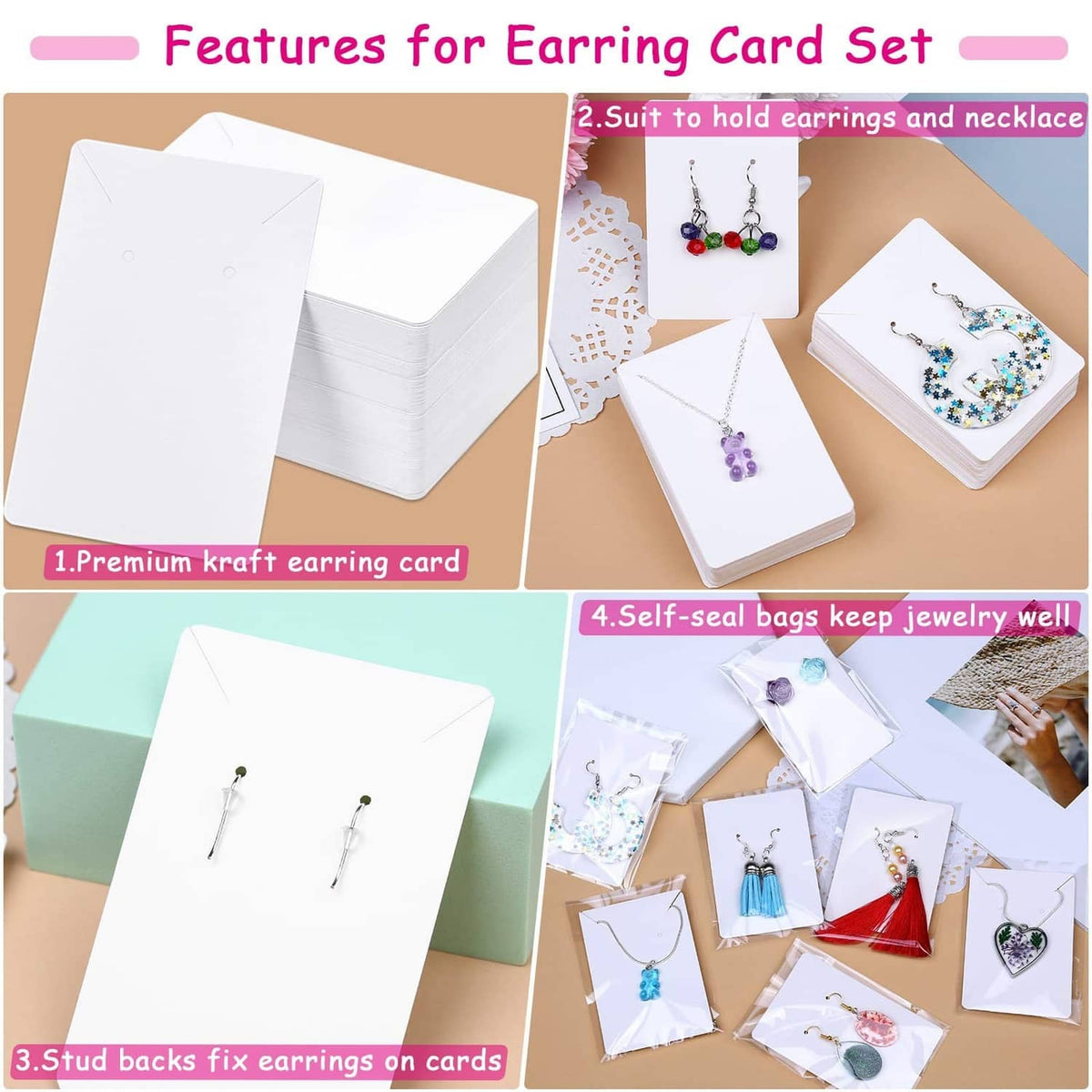 Earring display cards with stud backs and self-seal jewelry bags