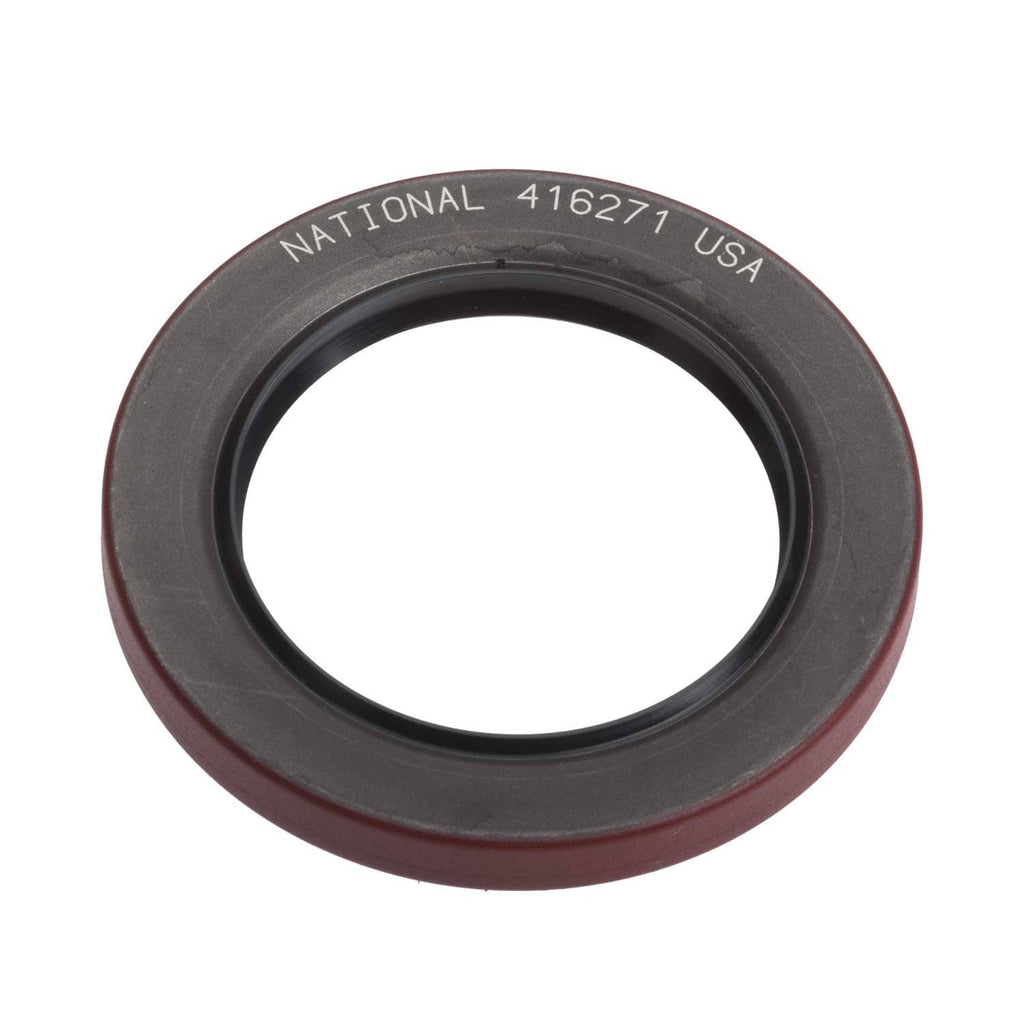 Wheel seal with dark rubber outer ring and metal inner lip, National 416271 branding
