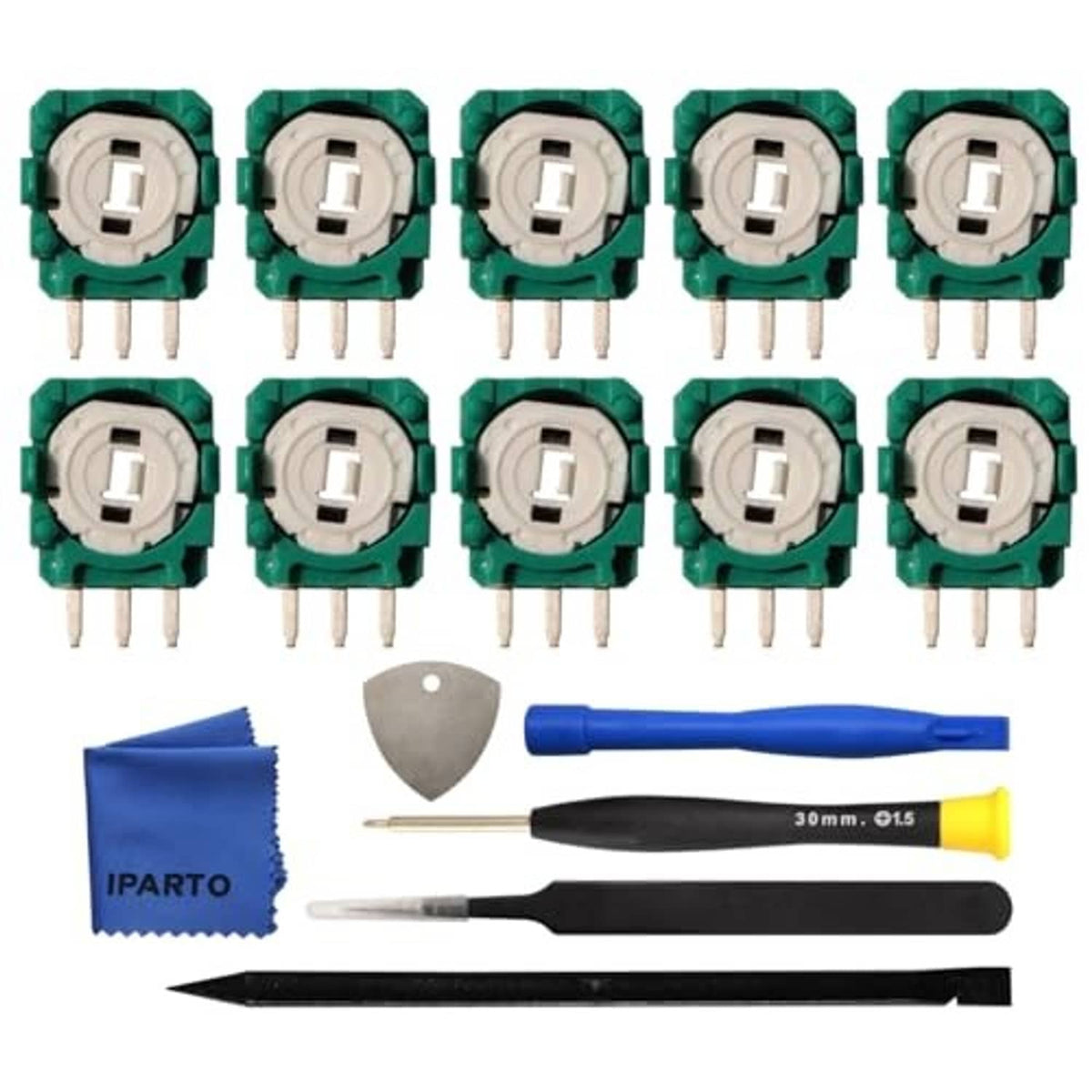 Pack of 10 green 2K3 ohm potentiometer modules with included screwdriver tools