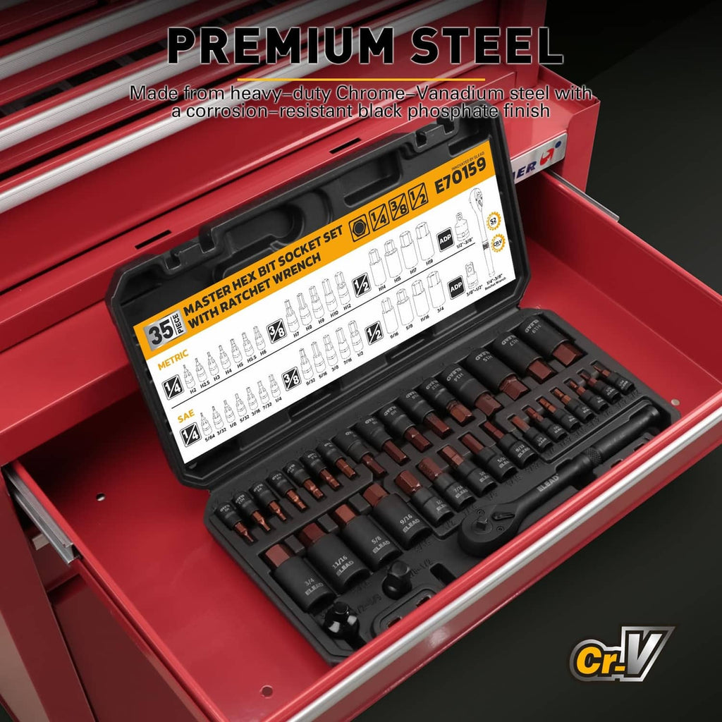 Hex bit socket set in open case showing labeled sockets inside a red toolbox drawer