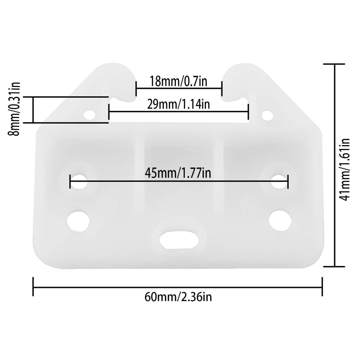 White plastic drawer guide dimensions: 60mm long, 41mm high, 29mm width